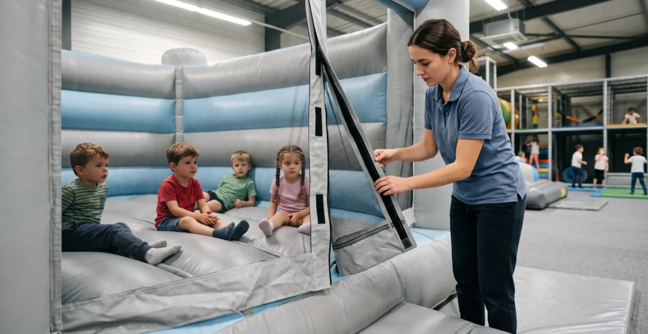 Un animateur vérifie la fermeture du filet de sécurité d'une structure gonflable pendant que des enfants attendent assis à l'intérieur.