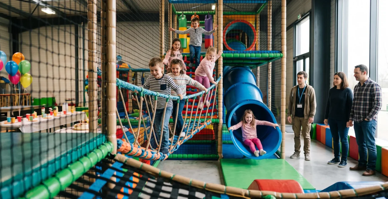 Des enfants grimpent et glissent ensemble sur une structure de jeux intérieure lors d'un anniversaire, avec des parents qui les observent en arrière-plan.