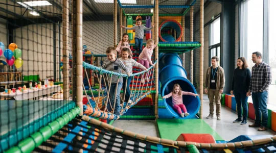 Des enfants grimpent et glissent ensemble sur une structure de jeux intérieure lors d'un anniversaire, avec des parents qui les observent en arrière-plan.