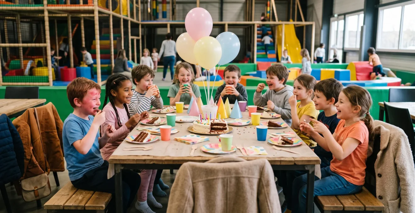 Des enfants around d'une table d'anniversaire partageant le gâteau dans un espace réservé d'un parc de loisirs intérieur.